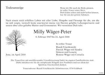 Traueranzeige von Milly Wäger-Peter von ZO Gesamt