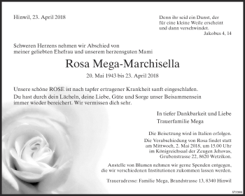 Traueranzeige von Rosa Mega-Marchisella von ZO Gesamt