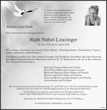 Traueranzeige von Ruth Nübel-Leuzinger von ZO Gesamt