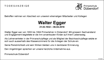 Traueranzeige von Walter Egger von Glattaler