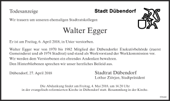 Traueranzeige von Walter Egger von Glattaler