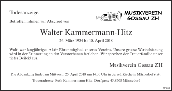 Traueranzeige von Walter Kammermann-Hitz von ZO Gesamt