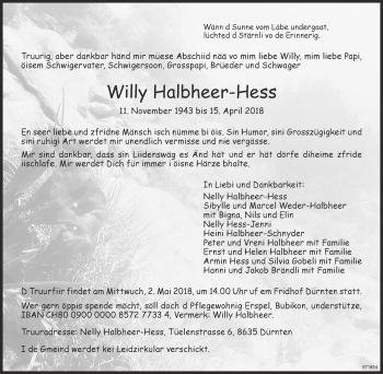 Traueranzeige von Willy Halbheer-Hess von ZO Gesamt