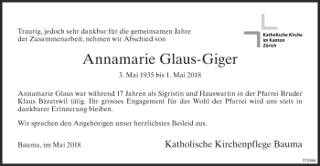 Traueranzeige von Annamarie Glaus-Giger von ZO Gesamt