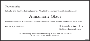 Traueranzeige von Annamarie Glaus-Giger von ZO Gesamt