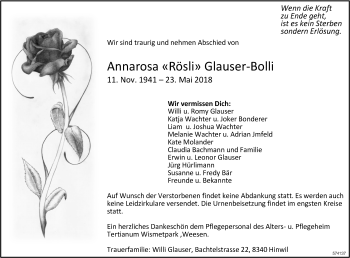 Traueranzeige von Annarosa Glauser-Bolli von ZO Gesamt