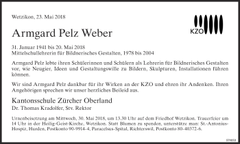 Traueranzeige von Armgard Pelz Weber von ZO Gesamt