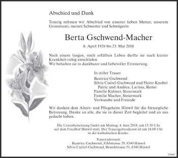 Traueranzeige von Berta Gschwend-Macher von ZO Gesamt