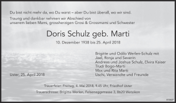 Traueranzeige von Doris Schulz von ZO Gesamt