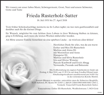 Traueranzeige von Frieda Rusterholz-Sutter von ZO Gesamt