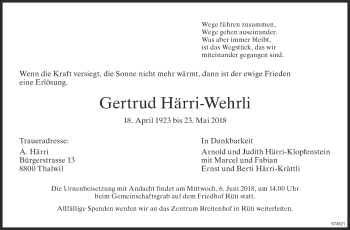 Traueranzeige von Gertrud Härri-Wehrli von ZO Gesamt