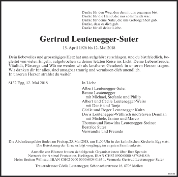 Traueranzeige von Gertrud Leutenegger-Suter von ZO Gesamt