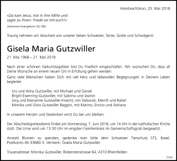 Traueranzeige von Gisela Maria Gutzwiller von ZO Gesamt