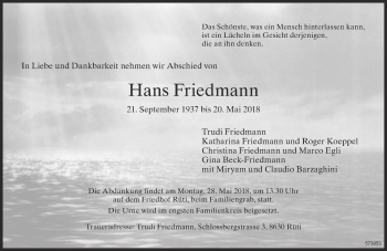 Traueranzeige von Hans Friedmann von ZO Gesamt