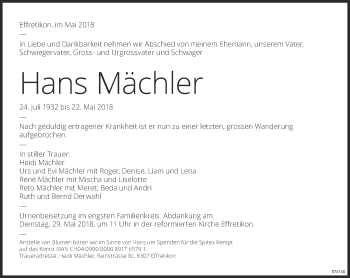 Traueranzeige von Hans Mächler von ZO Gesamt