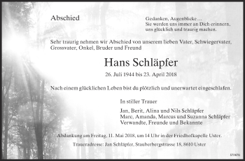 Traueranzeige von Hans Schläpfer von ZO Gesamt