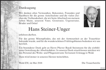 Traueranzeige von Hans Steiner-Unger von ZO Gesamt