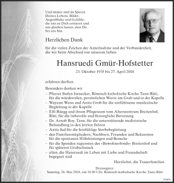 Traueranzeige von Hansruedi Gmür-Hofstetter von ZO Gesamt