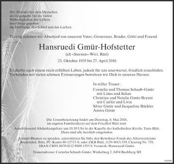 Traueranzeige von Hansruedi Gmür-Hofstetter von ZO Gesamt