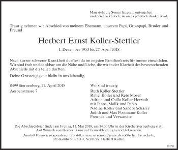 Traueranzeige von Herbert Ernst Koller-Stettler von ZO Gesamt