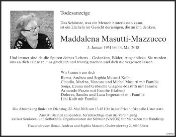 Traueranzeige von Maddalena Masutti-Mazzucco von ZO Gesamt