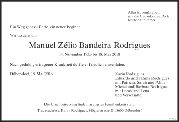 Traueranzeige von Manuel Zélio  Bandeira Rodrigues von Glattaler