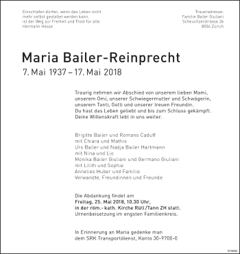 Traueranzeige von Maria Bailer-Reinprecht von ZO Gesamt