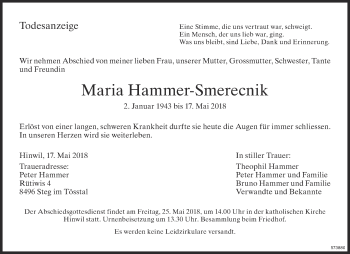 Traueranzeige von Maria Hammer-Smerecnik von ZO Gesamt