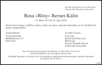 Traueranzeige von Rosa Rösy Bernet-Kälin von ZO Gesamt