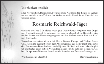 Traueranzeige von Rosmarie Reichwald-Jäger von ZO Gesamt