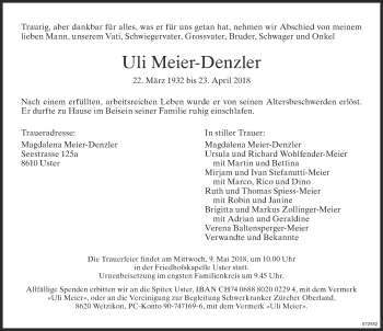 Traueranzeige von Uli Meier-Denzler von ZO Gesamt