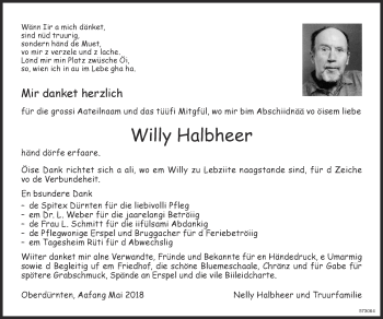 Traueranzeige von Willy Halbheer von ZO Gesamt