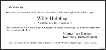 Traueranzeige von Willy Halbheer von ZO Gesamt