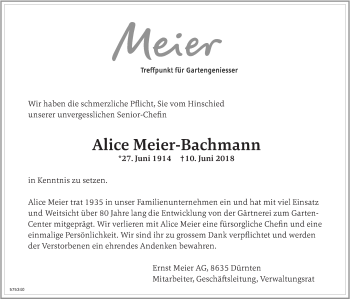 Traueranzeige von Alice Meier-Bachmann von ZO Gesamt