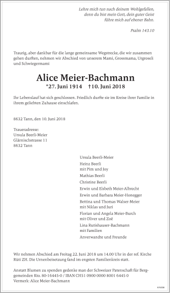 Traueranzeige von Alice Meier-Bachmann von ZO Gesamt