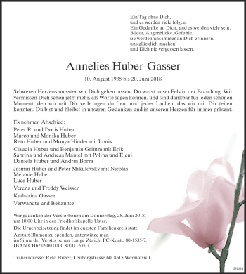 Traueranzeige von Annelies Huber-Gasser von ZO Gesamt