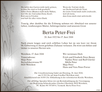 Traueranzeige von Berta Peter-Frei von ZO Gesamt