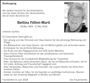 Traueranzeige von Bettina Föllmi-Marti von ZO Gesamt