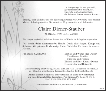 Traueranzeige von Claire Diener-Stauber von ZO Gesamt