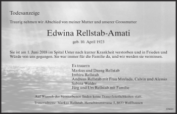 Traueranzeige von Edwina Rellstab-Amati von ZO Gesamt