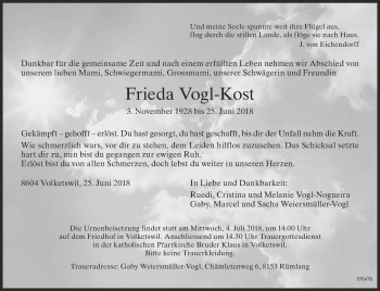 Traueranzeige von Frieda Vogl-Kost von Glattaler