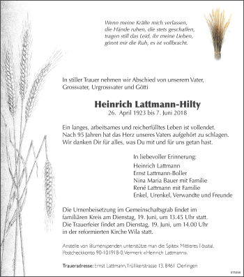 Traueranzeige von Heinrich Lattmann-Hilty von ZO Gesamt