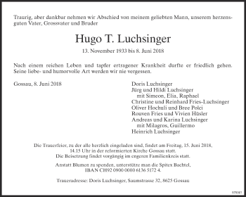 Traueranzeige von Hugo T. Luchsinger von ZO Gesamt