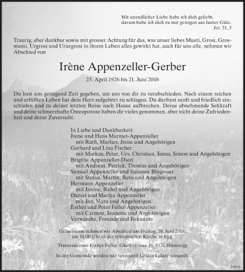 Traueranzeige von Irène Appenzeller-Gerber von ZO Gesamt