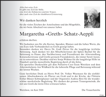 Traueranzeige von Margaretha Schatz-Aeppli von ZO Gesamt