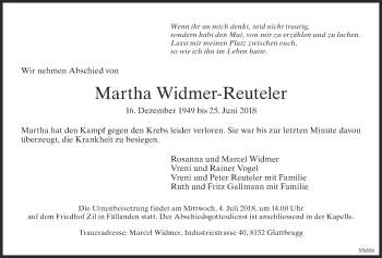 Traueranzeige von Martha Widmer-Reuteler von Glattaler