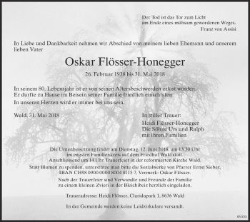 Traueranzeige von Oskar Flösser-Honegger von ZO Gesamt