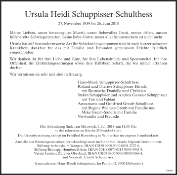 Traueranzeige von Ursula Heidi Schuppisser-Schulthess von Glattaler