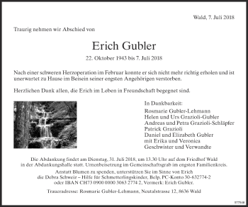 Traueranzeige von Erich Gubler von ZO Gesamt