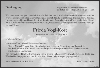 Traueranzeige von Frieda Vogl-Kost von Glattaler